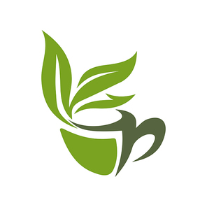 Hot Ceylon or Chinese green tea in cup isolated logo. Vector herbal drink with organic leaves