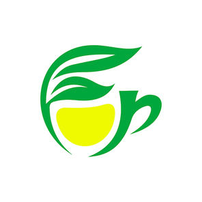 Tea with lemon isolated creative logo. Vector herbal hot drink with citrus fruit and garden herbs