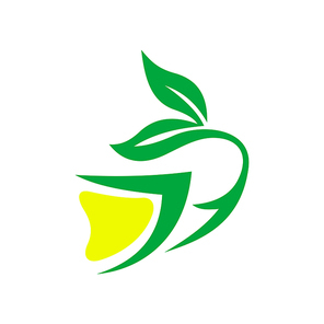 Tea with lemon isolated creative logo. Vector herbal hot drink with citrus fruit and garden herbs