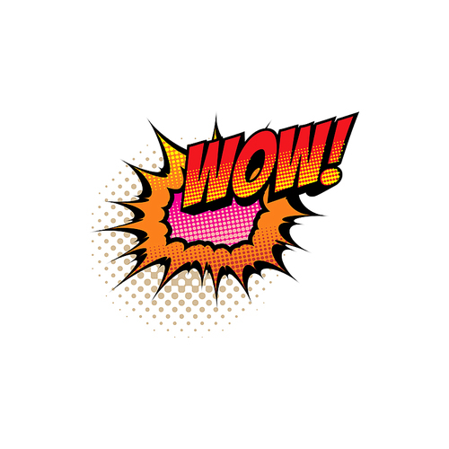 Comic book sound blast, Wow bubble cartoon halftone icon. Vector Wow sound blast explosion, pop art burst bang cloud puff