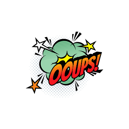 Sound blast, Ooups bubble chat, comic book cartoon icon. Vector Ooups exclamation sound cloud explosion, superhero comic book art