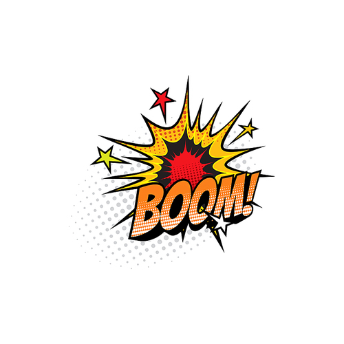 Boom sound blast, comic book cartoon bubble chat icon. Vector Boom sound cloud explosion with stars bang, superhero comic book art