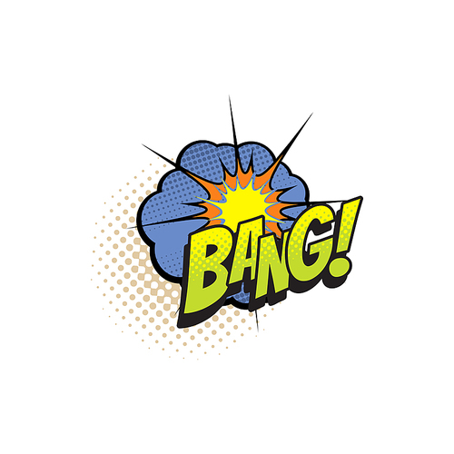 Comic book sound blast, Bang cloud cartoon halftone pop art icon. Vector Bang sound blast and shot explosion cloud