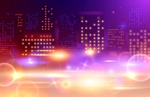 Night city lights composition with tall building windows of different colour and absract spots glowing blurs vector illustration