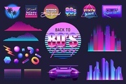 Realistic retro wave party set of isolated icons and gradient neon colored logotypes signs and skyscrapers vector illustration