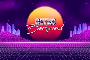 Realistic retro wave party horizontal poster with text background and virtual reality landscape with neon skyscrapers vector illustration