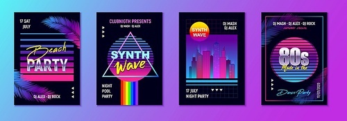 Realistic retro wave party set of four vertical posters with event advertising text and artwork images vector illustration