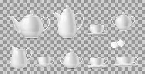 Tea or coffee set realistic vector design of hot beverage and drink white cups and pots. 3d porcelain teapots, mugs, kettle and saucers, sugar bowls, creamer pitcher and sugar cubes