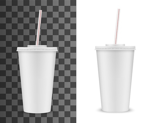 Disposable plastic cup with lid and straw isolated 3D realistic vector mockup. Blank white takeaway cup for cold or hot drink, soda beverage and coffee, cocktail and tea. Fast food isolated cup