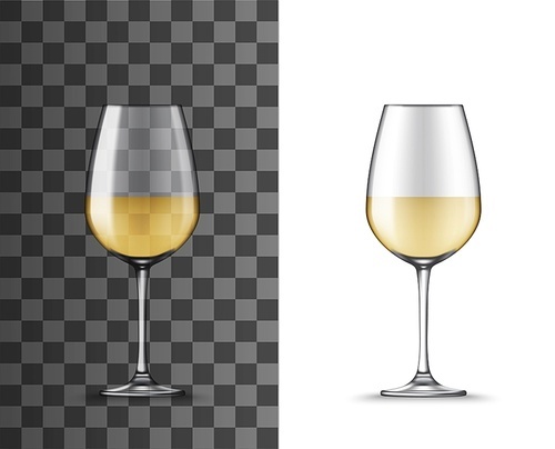 Wine glass cup with white wine, vector 3D realistic mockup. Wineglass with narrow bowl shape for sweet and dry wines, isolated table glassware mock up on transparent 