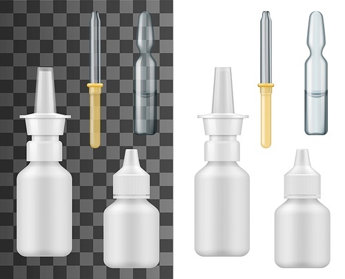 Nasal spray bottle, eyedropper and medicine ampoule, vector realistic 3D mockups. Medical injection or vaccine glass ampule, eye and nose treatment dropper and spray with nozzle