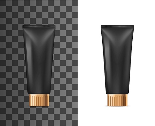 Cosmetic cream black plastic tube with golden lid cap, vector 3D realistic blank mockup. Skincare package, anti-age moisturizer, BB cream or shaving gel and body lotion plastic tube