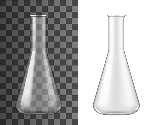 Glass flask, chemical laboratory glassware beaker, vector 3D realistic mockup. Glass vial or vial test with narrow long neck, chemistry research jar, empty isolated on transparent background