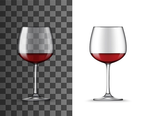 Glass cup with red wine, vector 3D realistic mockup template. Wineglass for sweet and dessert wines, winery glassware isolated on transparent background
