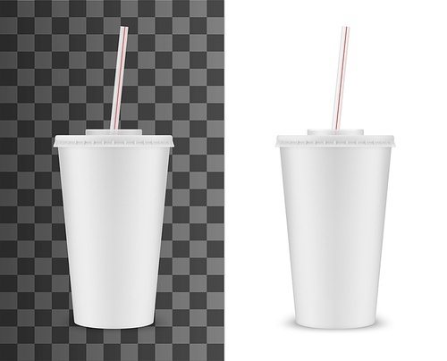 soda drink plastic cup with striped  straw, vector realistic 3d white disposable package mockup. soda, juice or ice tea fastfood soft drinks and beverage plastic cup with closed lid