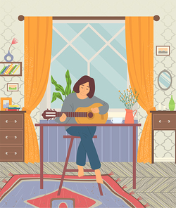 Woman playing guitar, person hobby at home, guitarist sitting on chair with instrument. Family entertainment indoor. Wooden furniture, plant and window vector