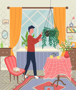Man caring for plants vector, room interior with tables and vase, armchair and drawers. Curtains on window, kitten sleeping on chair flat style decor