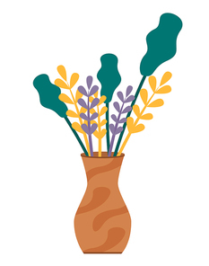 Plants in brown vase isolated on white . Bunch of leaves and spikes stand in vessel with water. Vegetation used for decoration, house interior. Vector illustration of bouquet in flat style