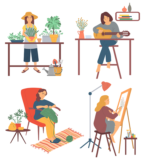 Drawing and gardening, playing guitar and knitting vector, hobby of people at home. Interest of person, guitarist with musical instrument developing skills