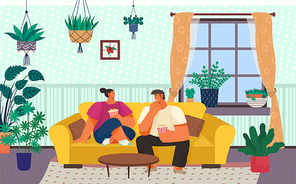 Man and woman eating popcorn at home and talking. Living room of young couples house. Characters spending weekends together. Sofa and decorative plants, window with curtains vector in flat style