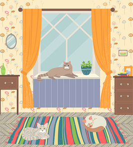 Living room vector, home decor flat style. Cats sleeping on carpet on floor, window with curtains, mirrors and wooden drawers. Design of place, drawers of wood with vase and picture