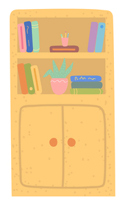 Bookshelf object, classroom element, knowledge symbol. Books and plant in pot on shelf, wooden furniture with literature, back to school, textbook vector