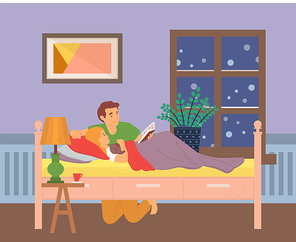 Father and kid in room vector daddy with child preparing to fall asleep, parent reading book sitting by bed of offspring, home interior with table and lamp, concept for Father day