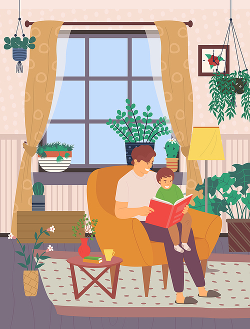 Father care vector, man at home in light room, boy learn to read book with daddy, dad sits on modern armchair and reads stories from book to son flat style, concept for Father day