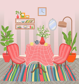 Dining room interior, table with tablecloth. Wooden drawers and shelves with books, aroma candles and photo frames. Decoration of flat. Vector illustration in flat cartoon style
