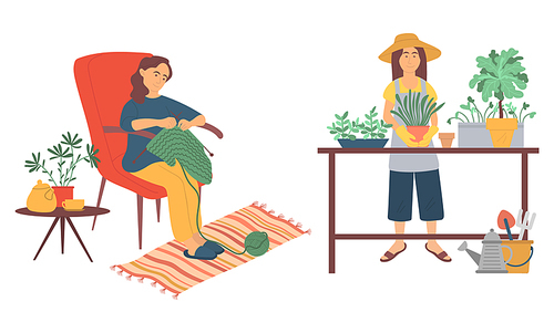 Woman sitting on chair and knitting, female wearing gloves and apron planting, flowers in pot. People hobby, agricultural and homemade work vector