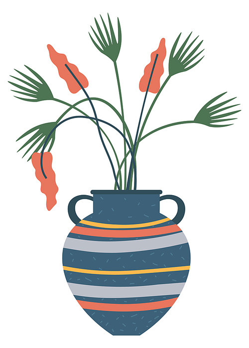 Flowerpot with blooming plant, isolated striped vase with handles. Vector artificial leaves and flowers in clay pottery vessel. Home decoration crockery