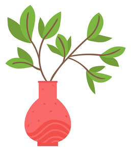 Flowers in vases, floral decor for home flat style flourishing on branches, plant with frondage, tender and elegant design, container interior. Isolated flowerpot with blooming plant . Vector in flat