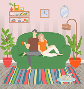Sweet home, man and woman sitting on sofa together, domestic cat on floor, family leisure at home. Male and female in room, shelf on wall, houseplant and lamp vector