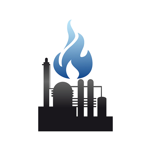 Gas and oil industry isolated logo. Vector chemical plant, pipes and burning blue flame, tanks storage