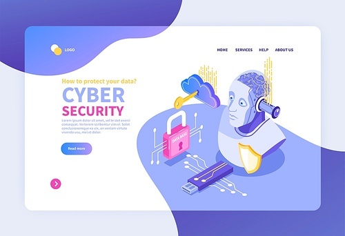 Isometric cybersecurity concept banner for website with network pictogram icons clickable links and read more button vector illustration