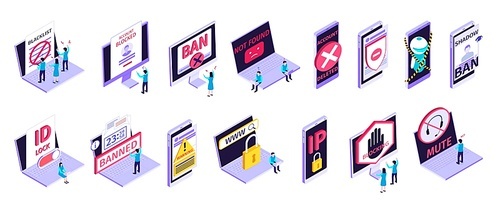 Isometric internet blocking purple icon set with blacklist account blocked ban not found account deleted shadow ban and other descriptions vector illustration