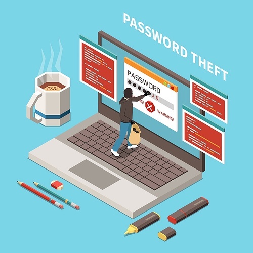 Hacker fishing digital crime isometric and isolated composition with password theft headline vector illustration