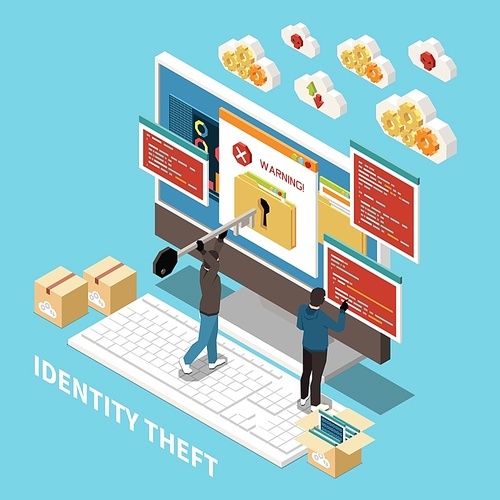 Isometric hacker fishing digital crime composition with identity theft description and abstract elements vector illustration