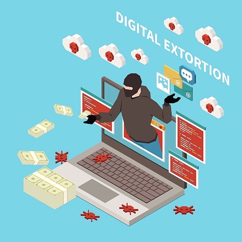 Hacker fishing digital crime isometric concept with digital extortion headline and money stealer vector illustration