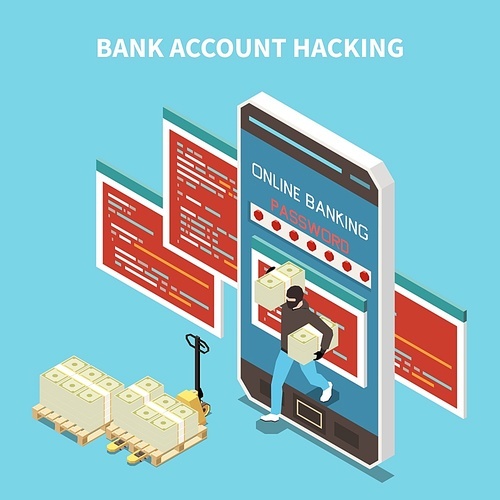 Isometric colored hacker fishing digital crime composition with bank account hacking description vector illustration