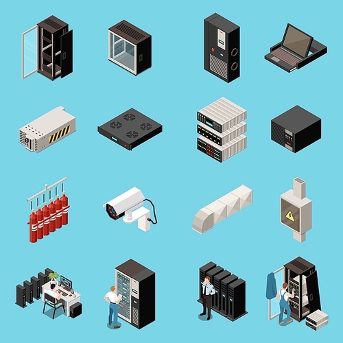 Datacenter isometric and colored icon set with different servers and it equipment vector illustration