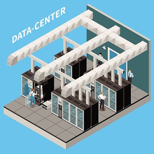 Datacenter isometric and colored icon set room with servers and working engineers vector illustration