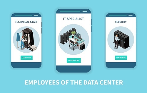 Three vertical datacenter isometric banner set with employers of the data center headline vector illustration