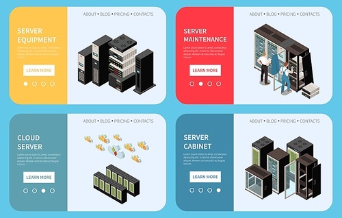 Datacenter isometric colored banner set with server equipment server maintenance cloud headlines vector illustration