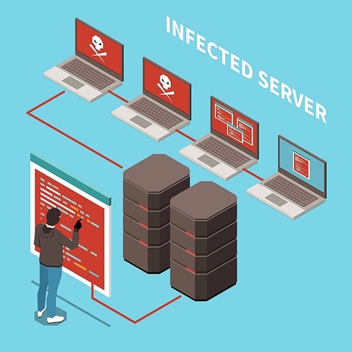 Isometric and colored hacker fishing digital crime concept with infected server description vector illustration