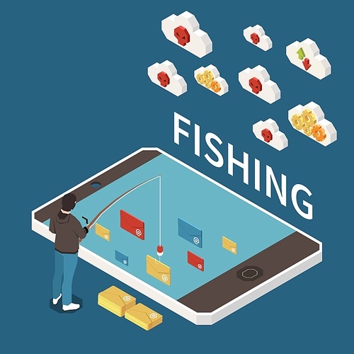 Hacker fishing digital crime isometric and abstract concept man phishing in internet vector illustration