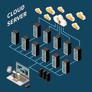 Datacenter isometric concept with cloud service description and abstract situation vector illustration