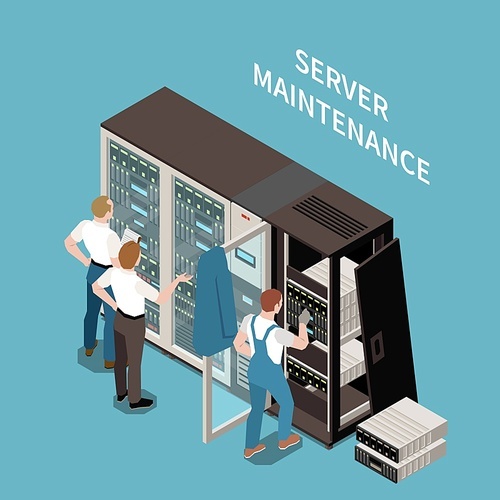 Datacenter colored and isometric composition server maintenance headline and situation at work vector illustration