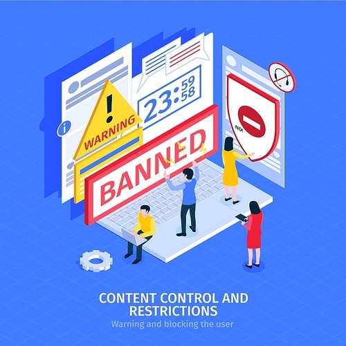 Internet blocking composition with people banned on social site 3d isometric vector illustration
