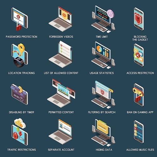 Digital parental control isometric icons set with separate account password protection time limit forbidden videos vector illustration